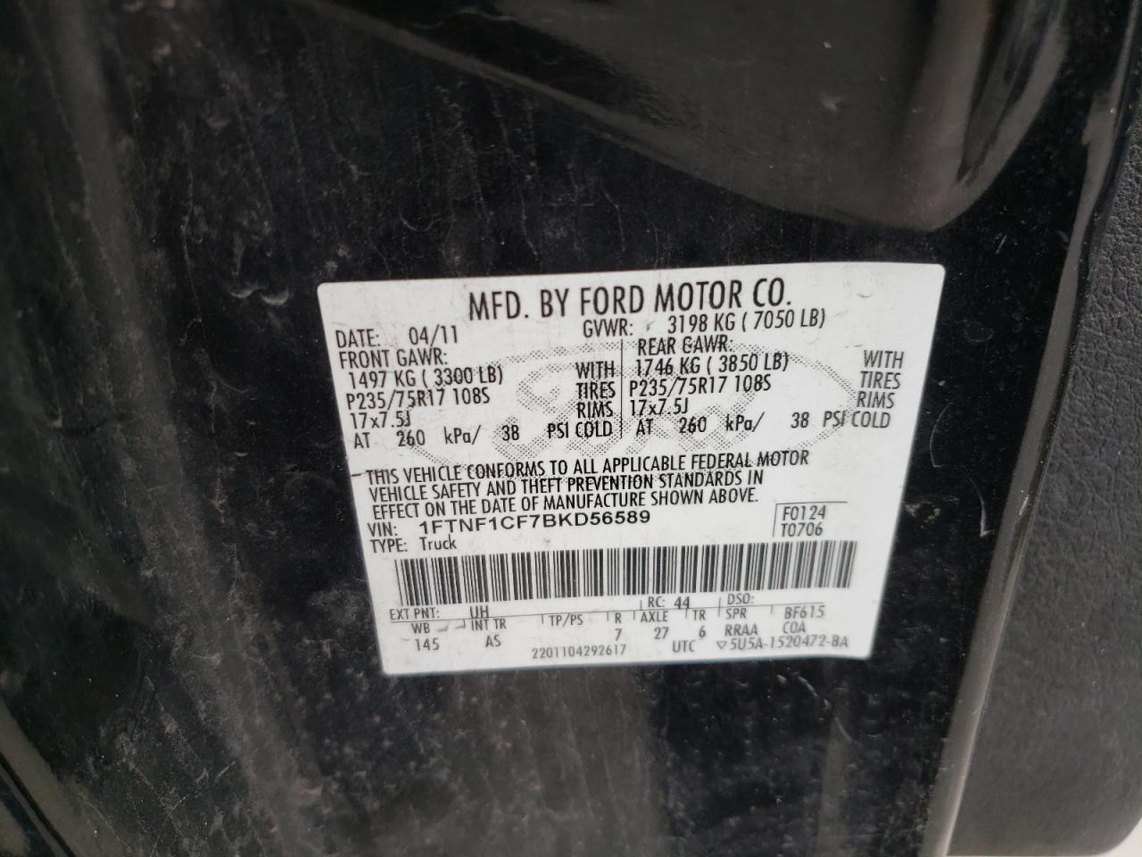 Photo 10 from auction – 2011 FORD F150 with VIN 1FTNF1CF7BKD56589