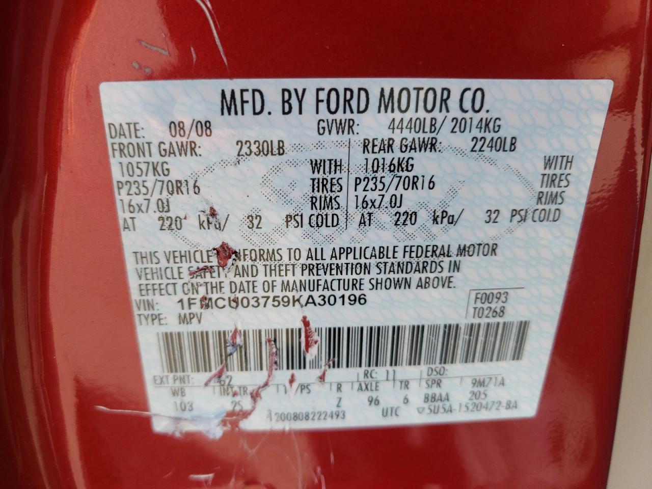 Photo 10 from auction – 2009 FORD ESCAPE XLT with VIN 1FMCU03759KA30196
