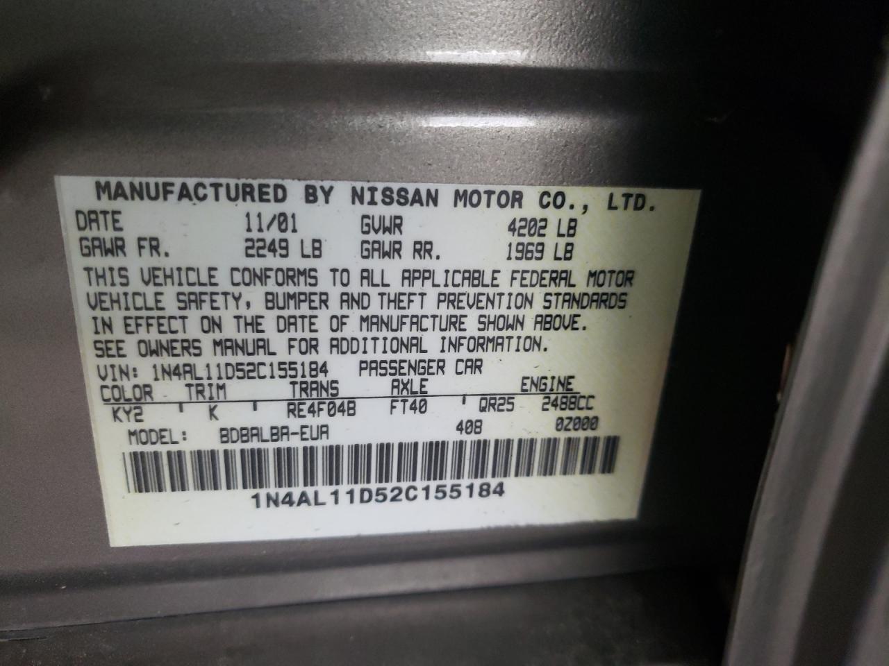 صورة رقم 10 من المزاد - 2002 NISSAN ALTIMA BAS مع VIN 1N4AL11D52C155184