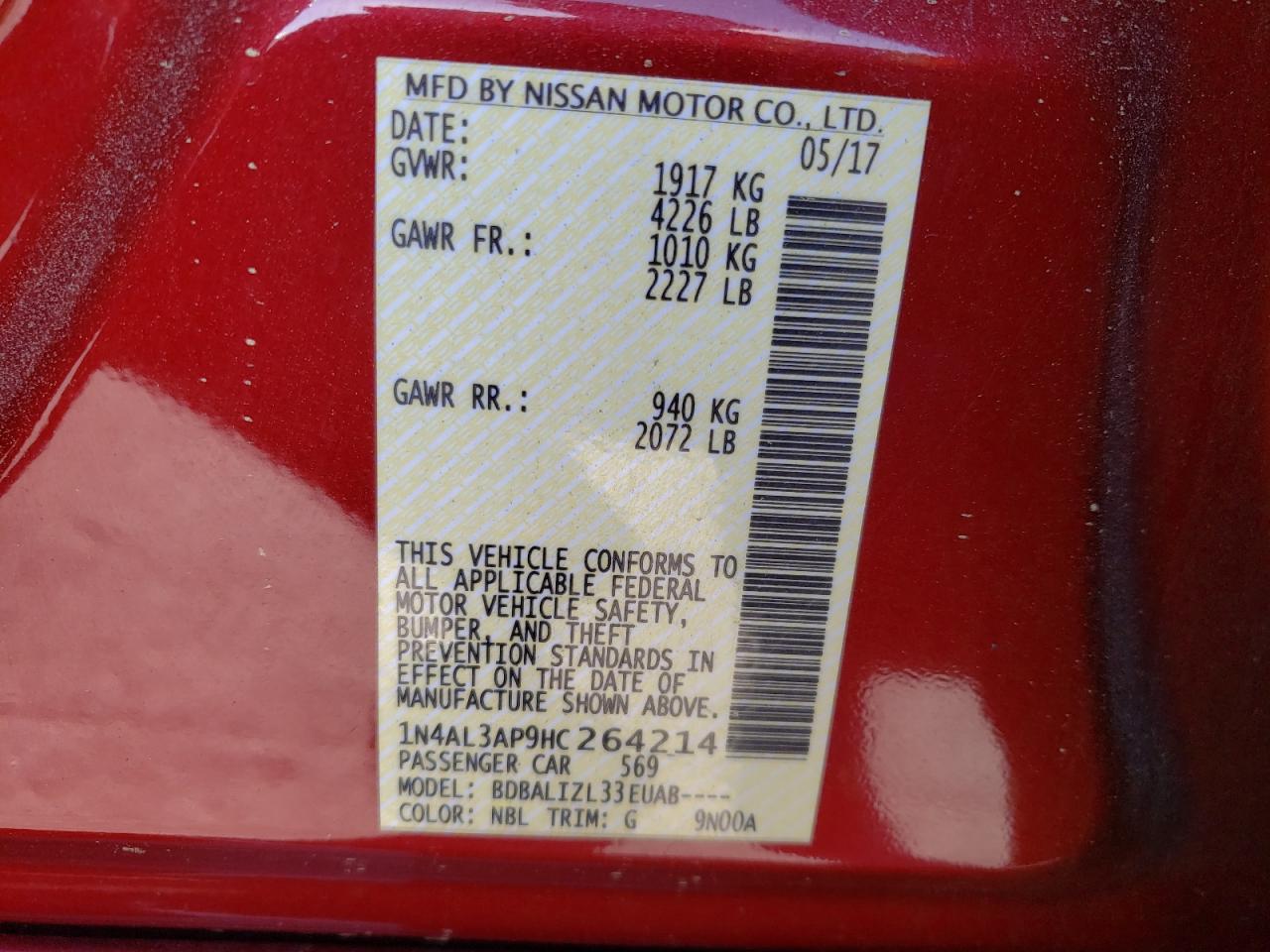 Photo 10 from auction – 2017 NISSAN ALTIMA 2.5 with VIN 1N4AL3AP9HC264214