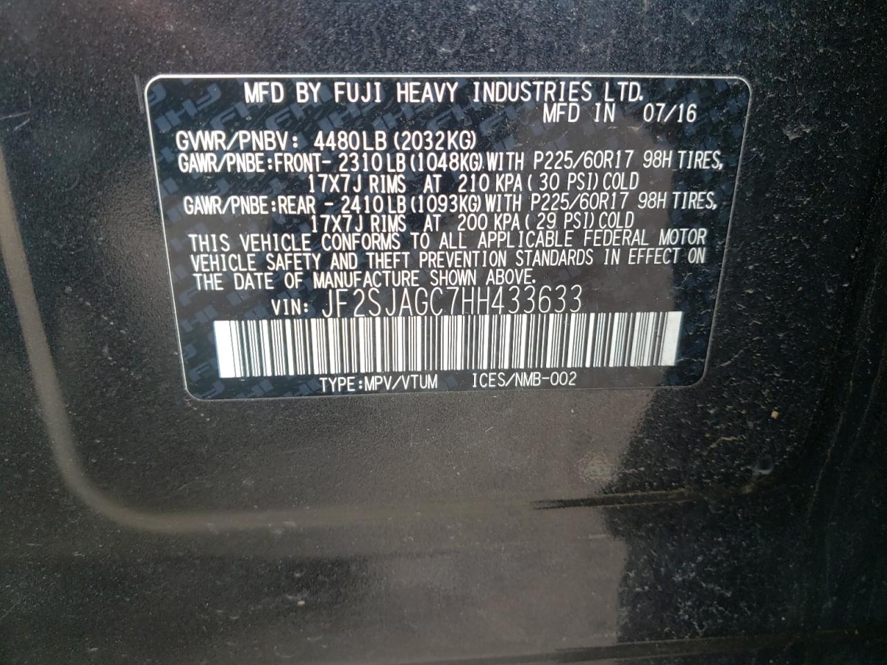 Photo 10 from auction – 2017 SUBARU FORESTER 2 with VIN JF2SJAGC7HH433633