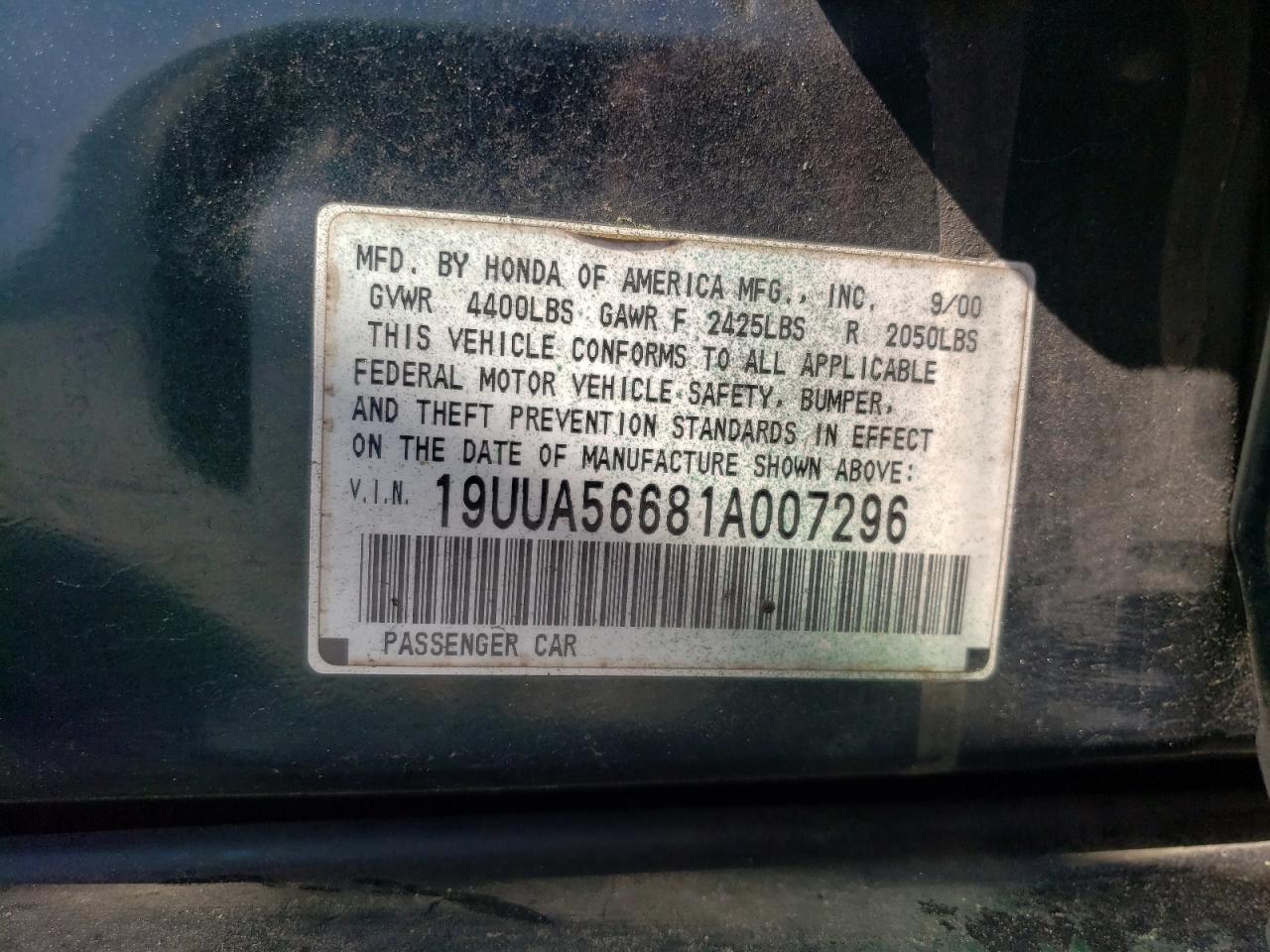 Photo 10 from auction – 2001 ACURA 3.2TL with VIN 19UUA56681A007296