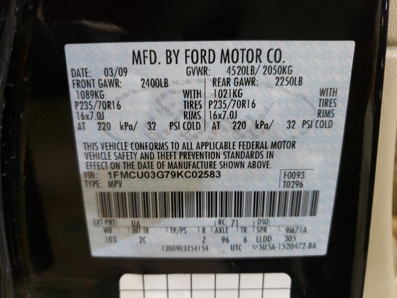 Photo 10 from auction – 2009 FORD ESCAPE XLT with VIN 1FMCU03G79KC02583