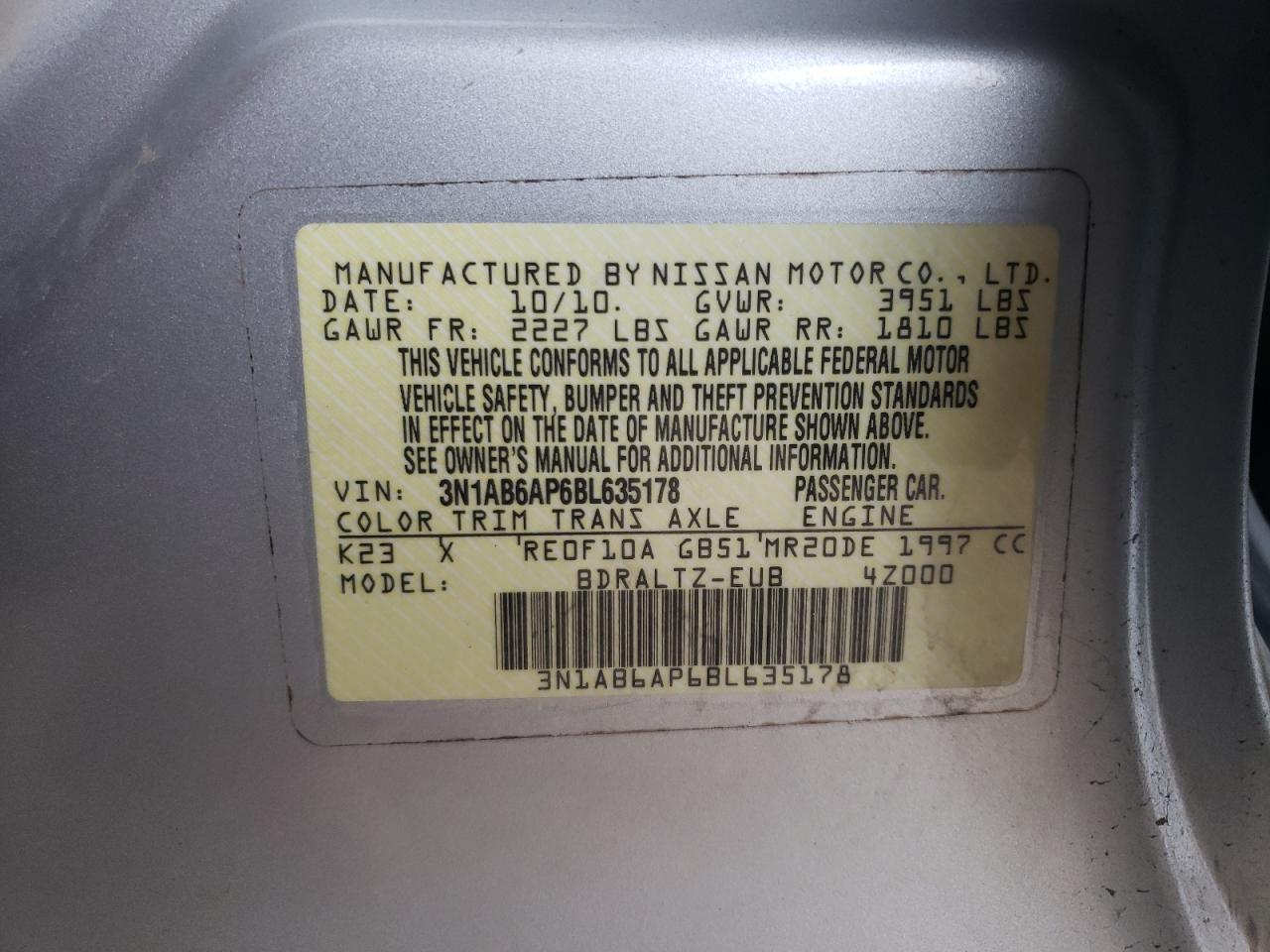 Photo 10 from auction – 2011 NISSAN SENTRA 2.0 with VIN 3N1AB6AP6BL635178