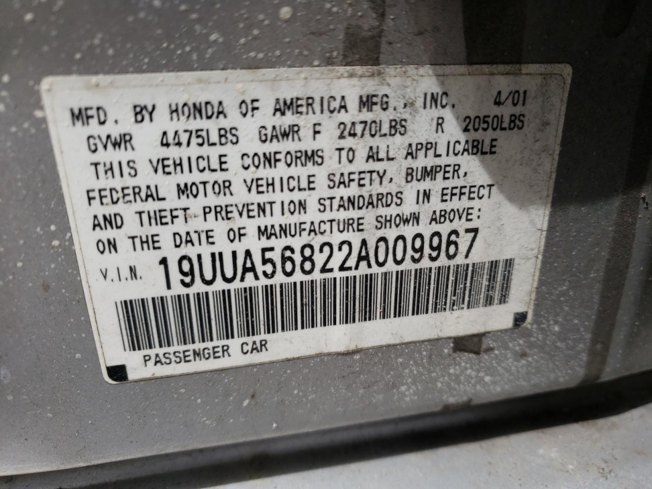 Photo 10 from auction – 2002 ACURA 3.2TL TYPE with VIN 19UUA56822A009967