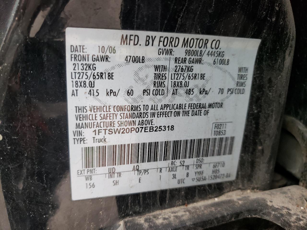 Photo 10 from auction – 2007 FORD F250 SUPER with VIN 1FTSW20P07EB25318