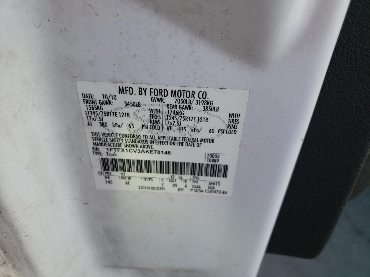 Photo 10 from auction – 2010 FORD F150 SUPER with VIN 1FTFX1CV3AKE78146