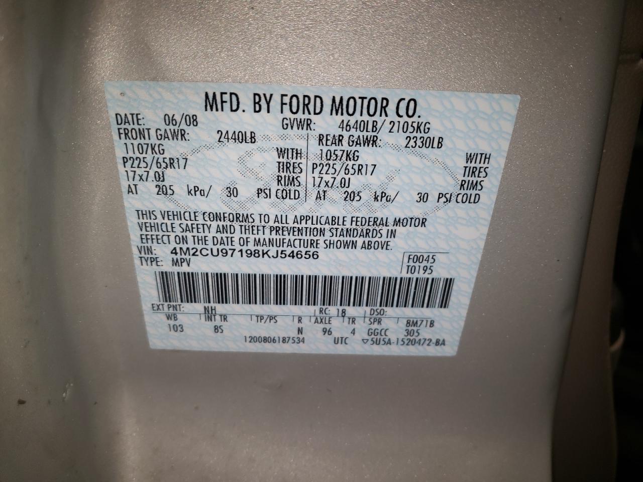 Photo 10 from auction – 2008 MERCURY MARINER PR with VIN 4M2CU97198KJ54656