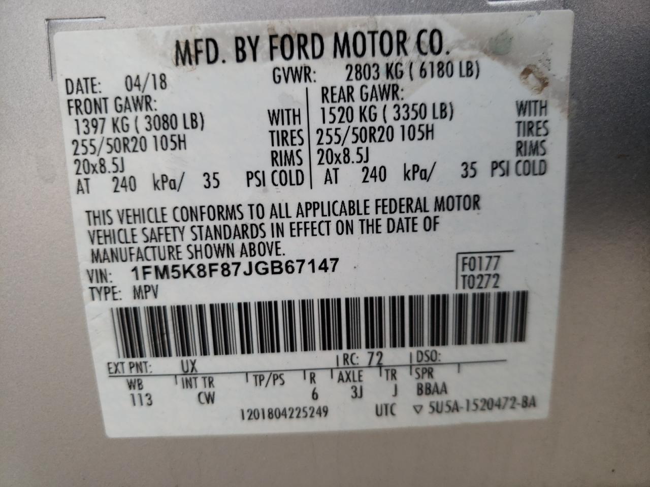 Photo 10 from auction – 2018 FORD EXPLORER L with VIN 1FM5K8F87JGB67147