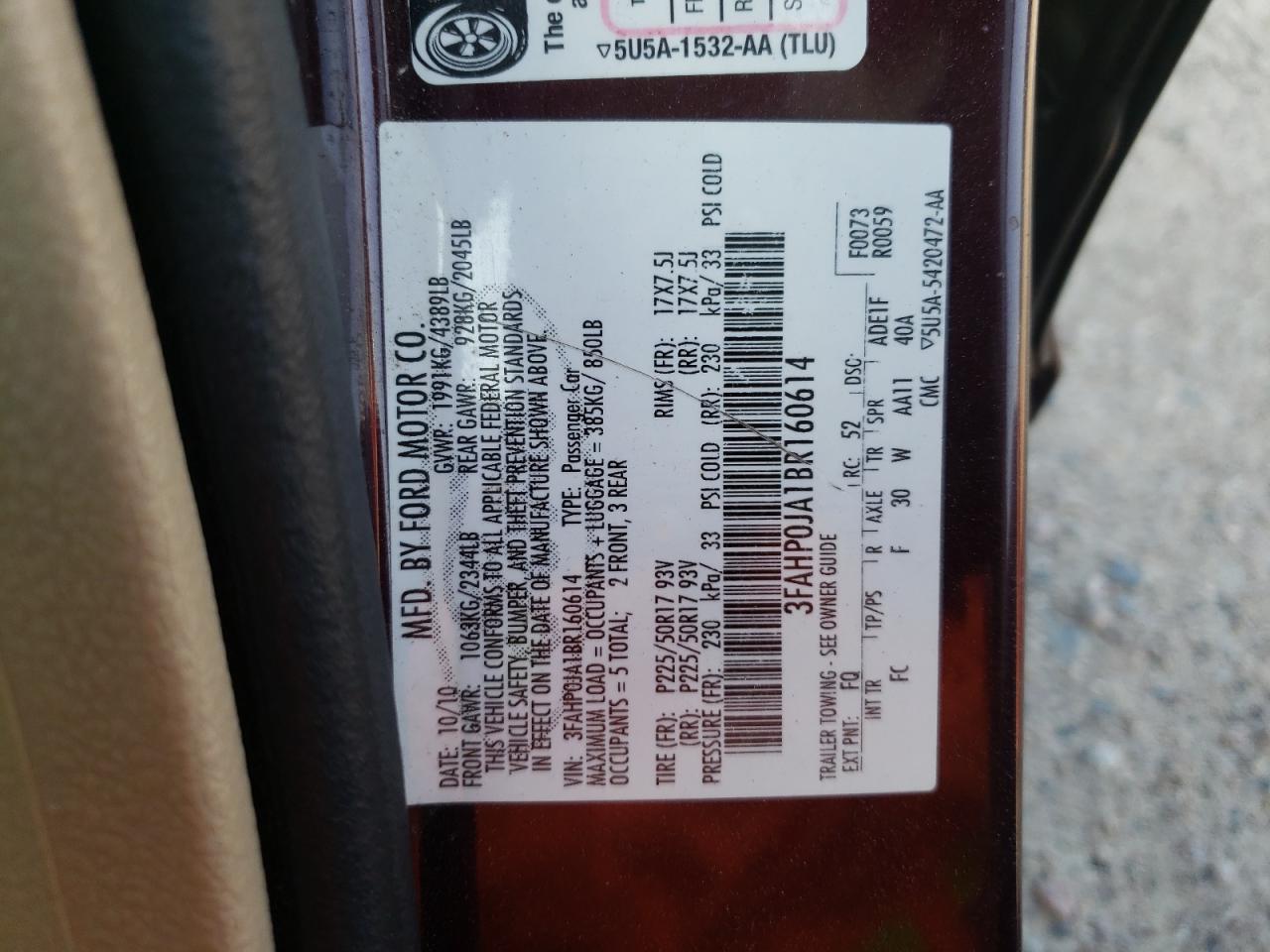 Photo 10 from auction – 2011 FORD FUSION SEL with VIN 3FAHP0JA1BR160614