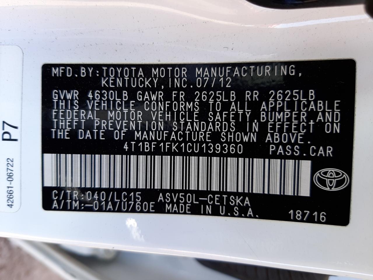 Photo 10 from auction – 2012 TOYOTA CAMRY BASE with VIN 4T1BF1FK1CU139360