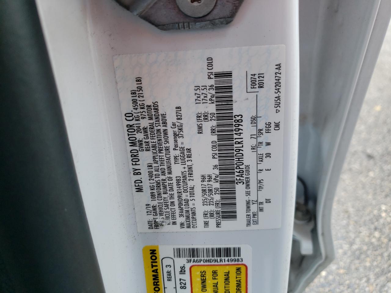 Photo 10 from auction – 2020 FORD FUSION SE with VIN 3FA6P0HD9LR149983