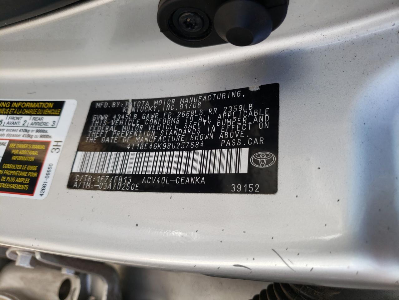 Photo 10 from auction – 2008 TOYOTA CAMRY CE with VIN 4T1BE46K98U257684