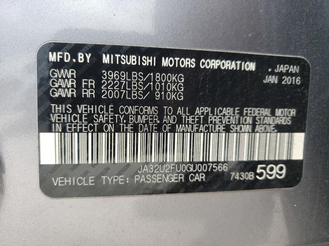 Photo 10 from auction – 2016 MITSUBISHI LANCER ES with VIN JA32U2FU0GU007566