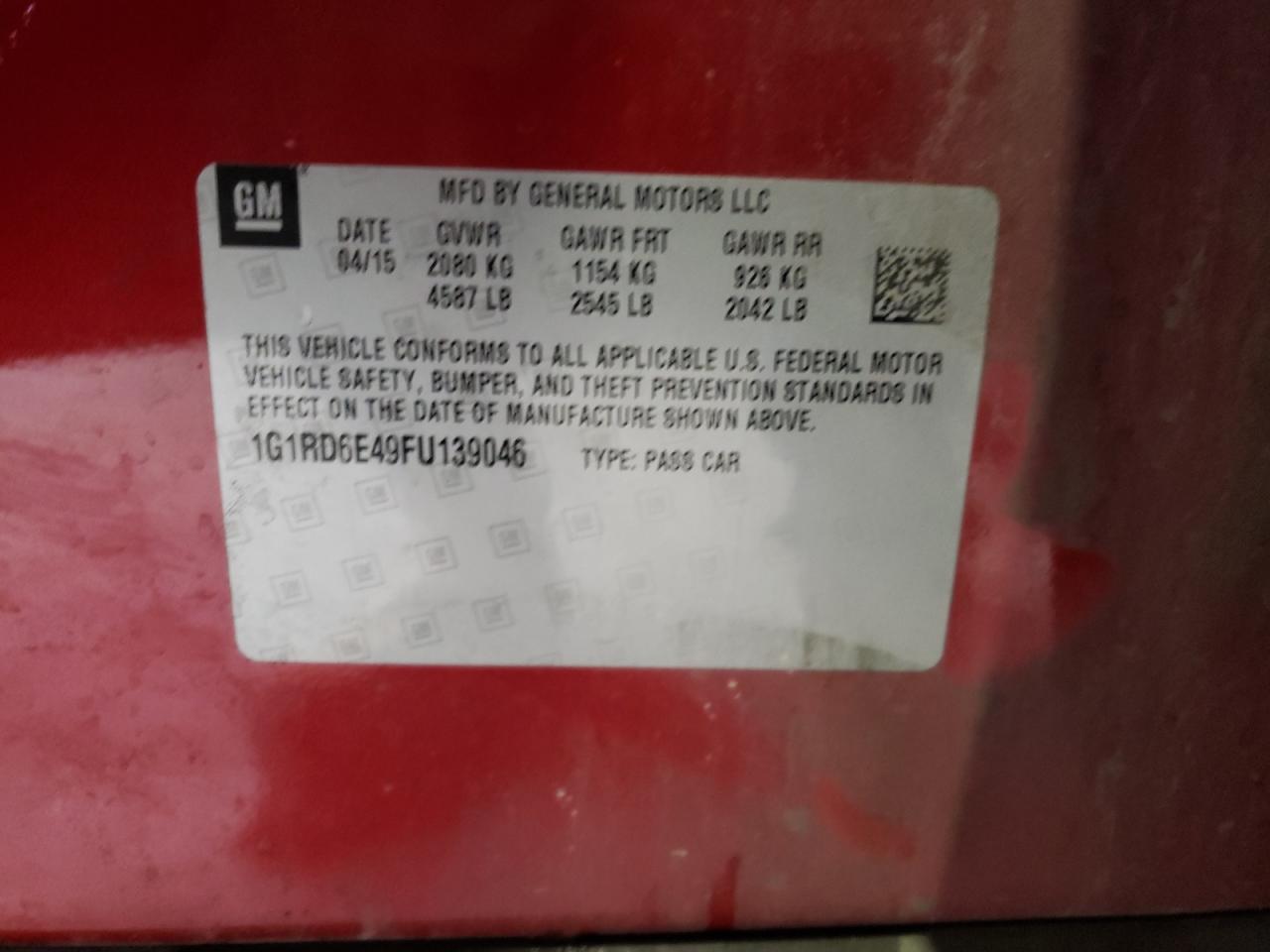 Photo 10 from auction – 2015 CHEVROLET VOLT with VIN 1G1RD6E49FU139046