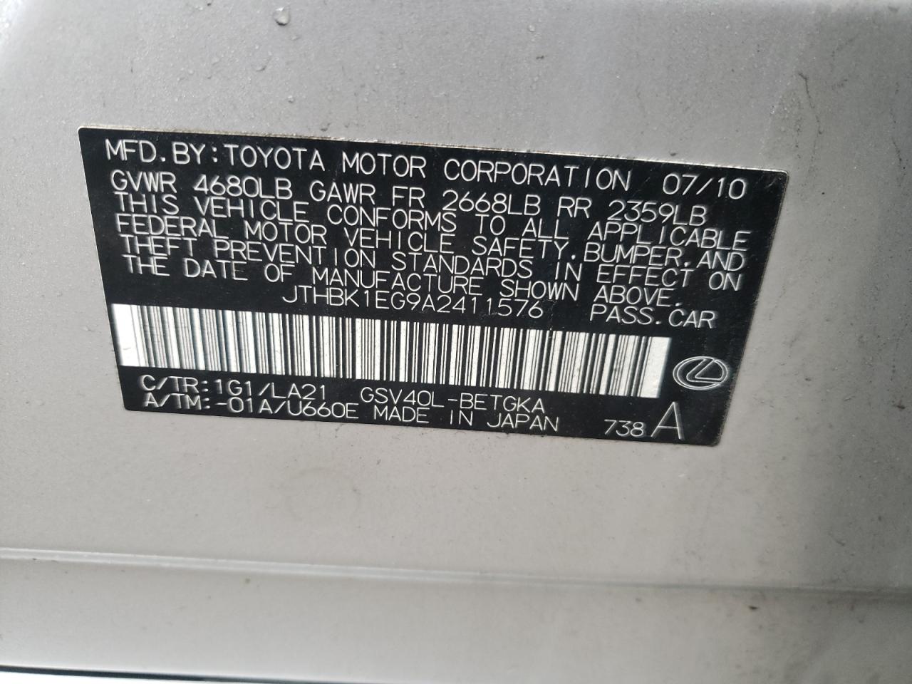 Photo 10 from auction – 2010 LEXUS ES 350 with VIN JTHBK1EG9A2411576