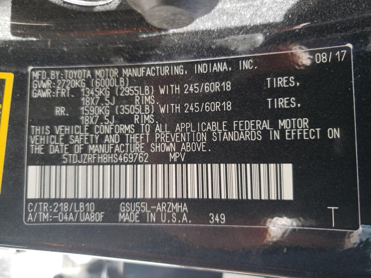 Photo 10 from auction – 2017 TOYOTA HIGHLANDER with VIN 5TDJZRFH8HS469762