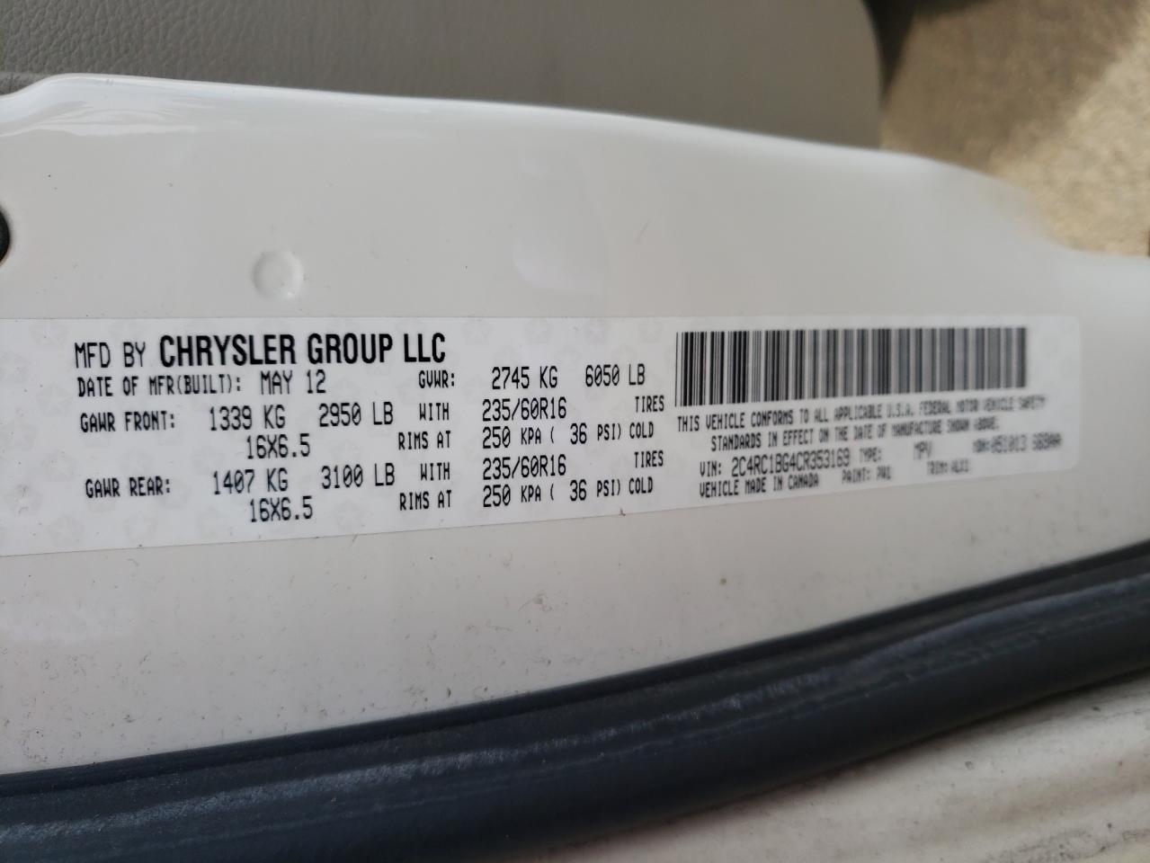 Photo 10 from auction – 2012 CHRYSLER TOWN & COU with VIN 2C4RC1BG4CR353169
