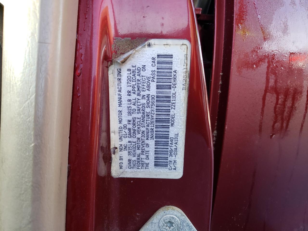 Photo 10 from auction – 2000 TOYOTA COROLLA VE with VIN 1NXBR12E9YZ375690
