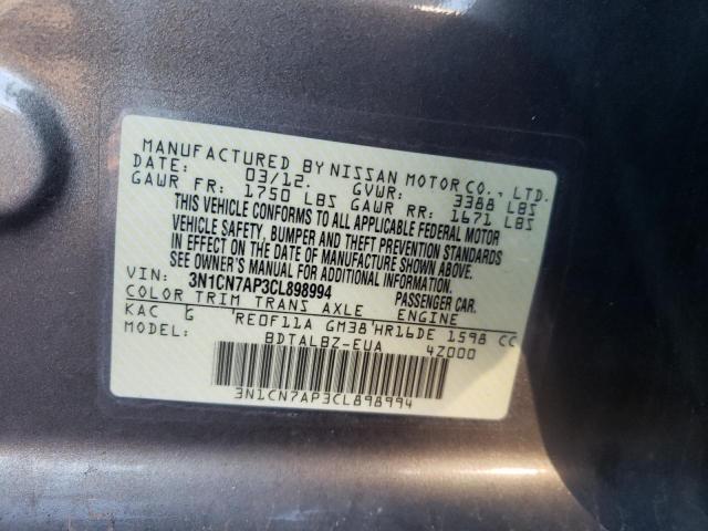 Фото 10 с аукциона – 2012 NISSAN VERSA с VIN 3N1CN7AP3CL898994