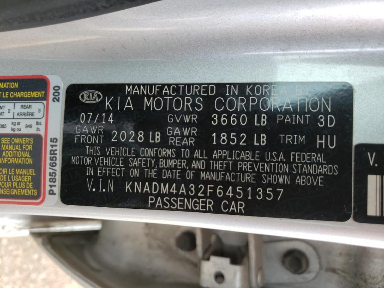 Photo 10 from auction – 2015 KIA RIO LX with VIN KNADM4A32F6451357