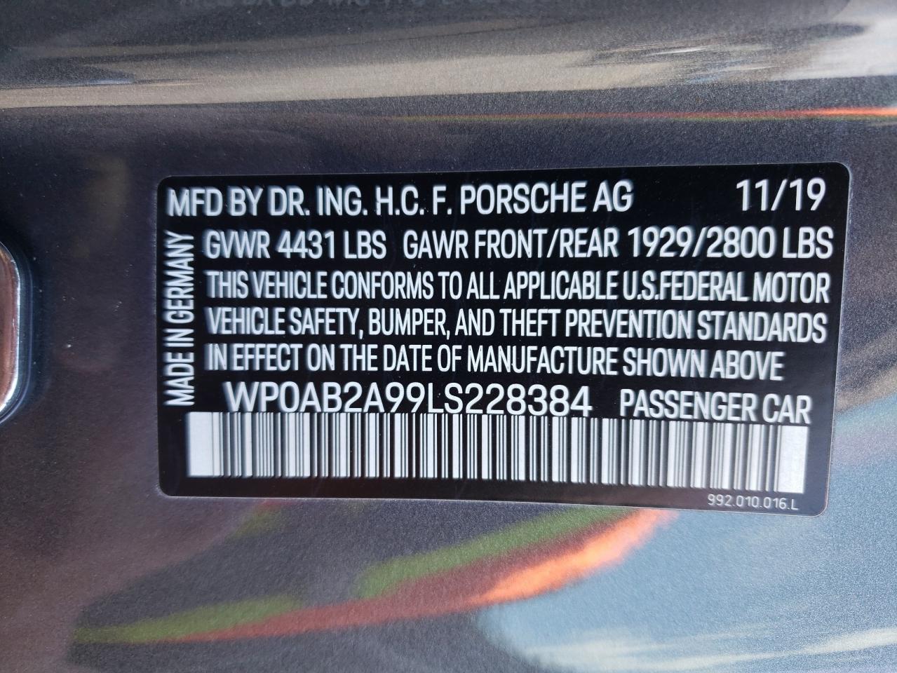 Photo 10 from auction – 2020 PORSCHE 911 CARRER with VIN WP0AB2A99LS228384