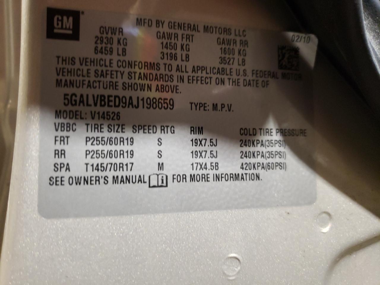 Photo 10 from auction – 2010 BUICK ENCLAVE CX with VIN 5GALVBED9AJ198659