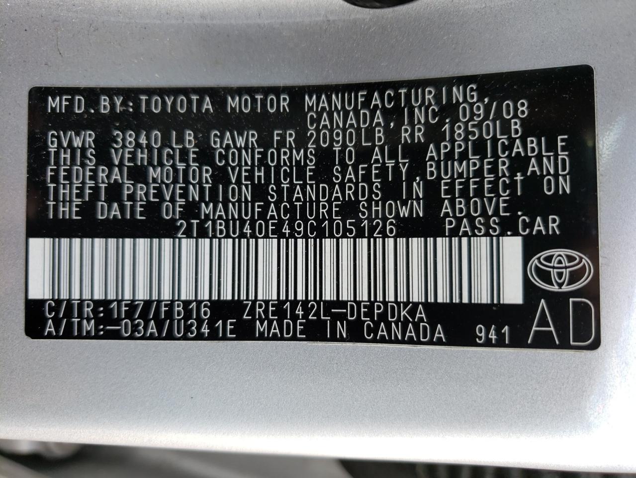 Photo 10 from auction – 2009 TOYOTA COROLLA BA with VIN 2T1BU40E49C105126