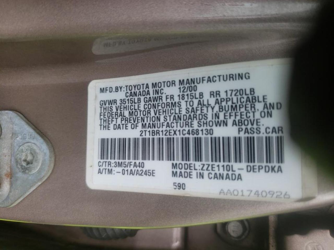 Photo 10 from auction – 2001 TOYOTA COROLLA CE with VIN 2T1BR12EX1C468130