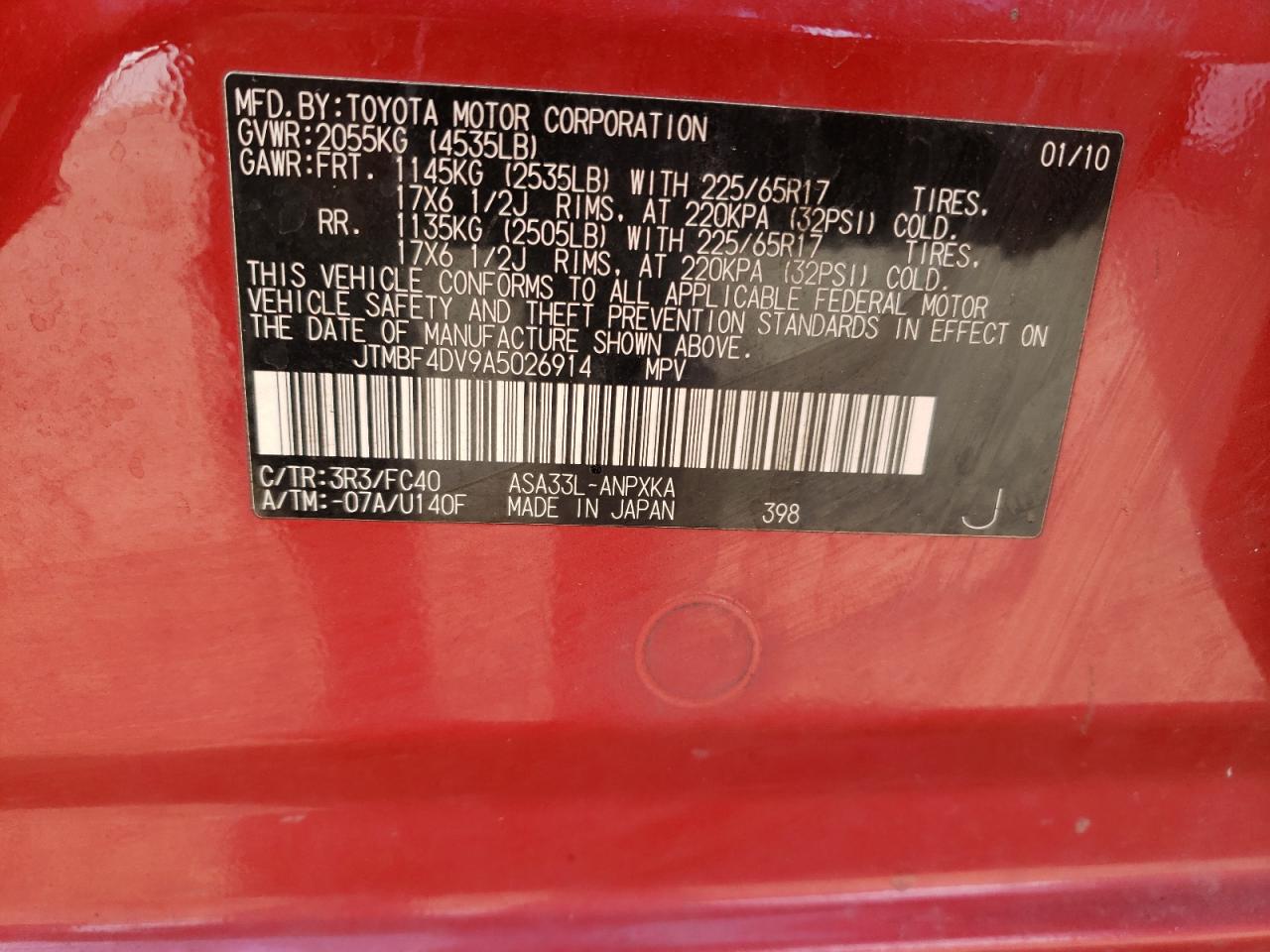 Photo 10 from auction – 2010 TOYOTA RAV4 with VIN JTMBF4DV9A5026914