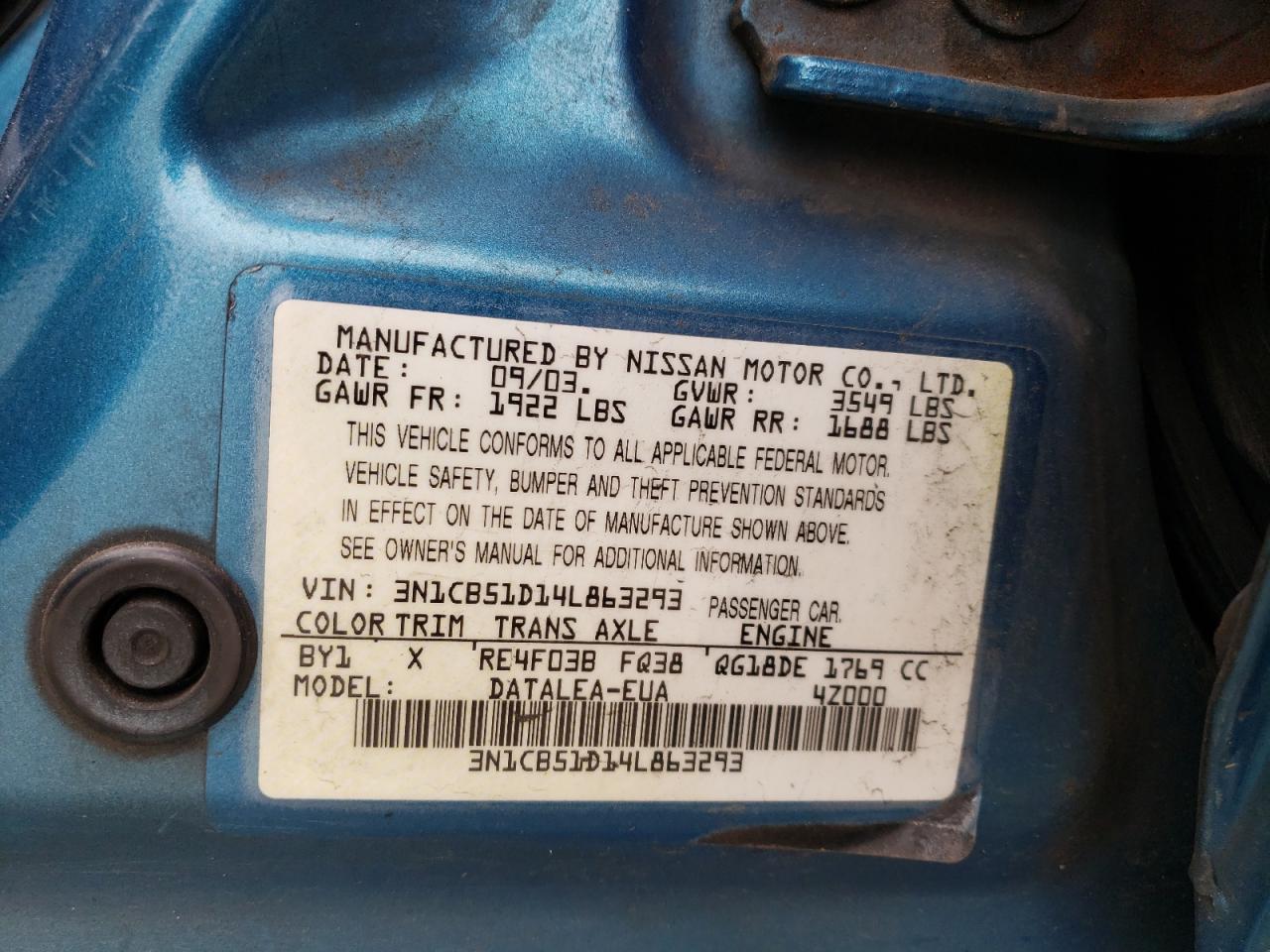 Photo 10 from auction – 2004 NISSAN SENTRA 1.8 with VIN 3N1CB51D14L863293