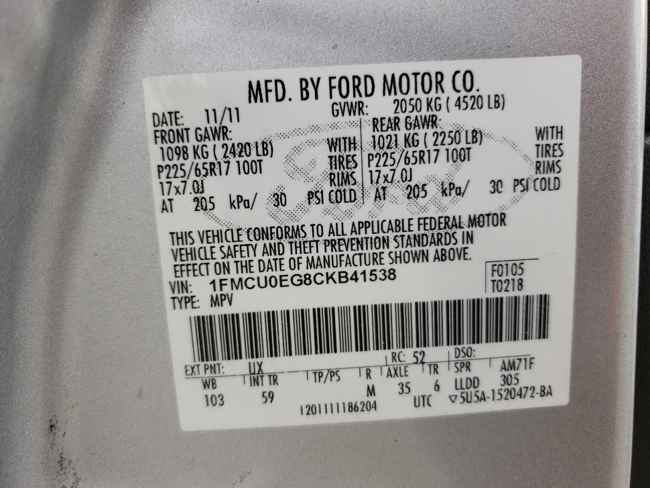 Photo 10 from auction – 2012 FORD ESCAPE LIM with VIN 1FMCU0EG8CKB41538