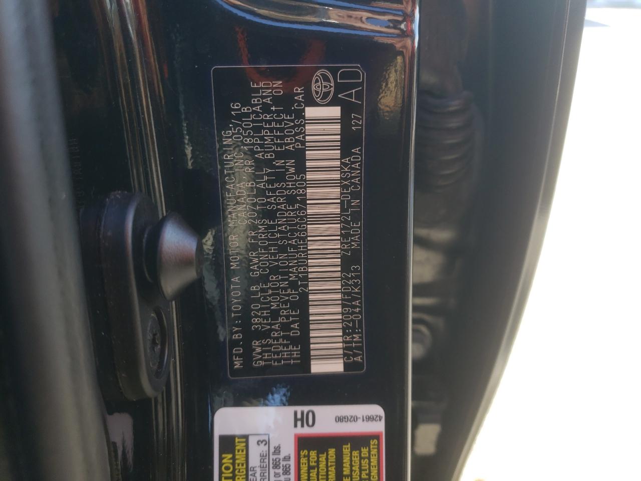 Photo 10 from auction – 2016 TOYOTA COROLLA L with VIN 2T1BURHE6GC671805