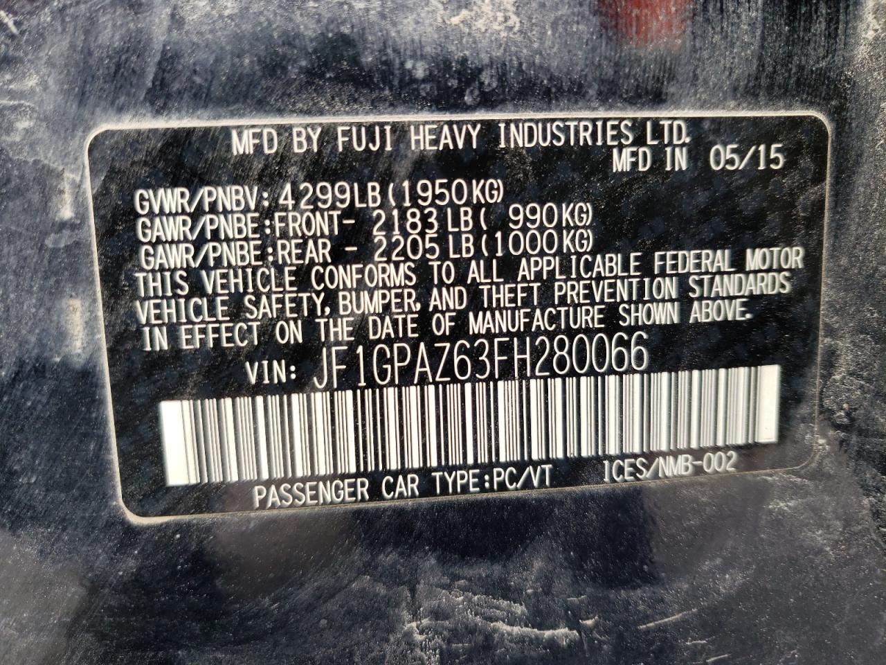 Photo 10 from auction – 2015 SUBARU IMPREZA SP with VIN JF1GPAZ63FH280066