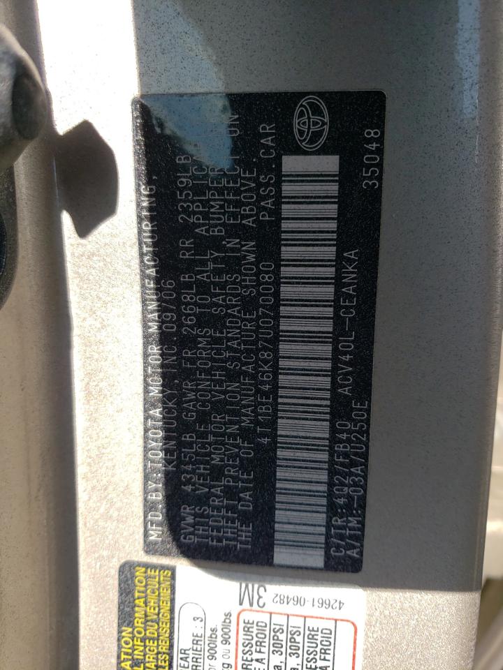 Photo 10 from auction – 2007 TOYOTA CAMRY CE with VIN 4T1BE46K87U070080