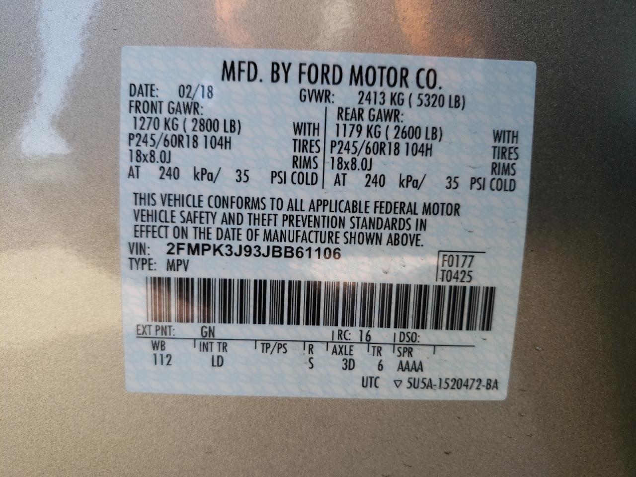 Photo 10 from auction – 2018 FORD EDGE SEL with VIN 2FMPK3J93JBB61106