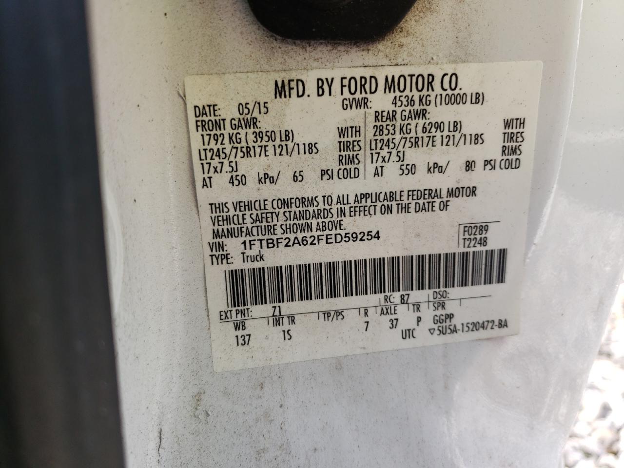 Photo 10 from auction – 2015 FORD F250 SUPER with VIN 1FTBF2A62FED59254