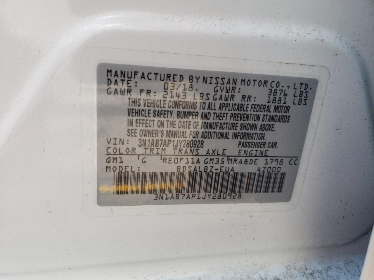 Photo 10 from auction – 2018 NISSAN SENTRA S with VIN 3N1AB7AP1JY280928