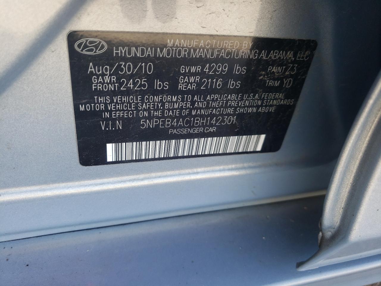 Photo 10 from auction – 2011 HYUNDAI SONATA GLS with VIN 5NPEB4AC1BH142301