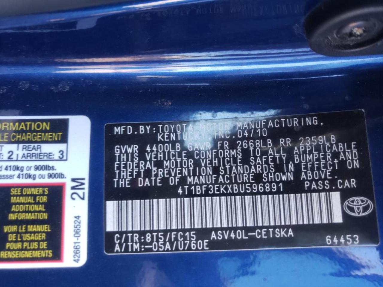 Photo 10 from auction – 2011 TOYOTA CAMRY BASE with VIN 4T1BF3EKXBU596891