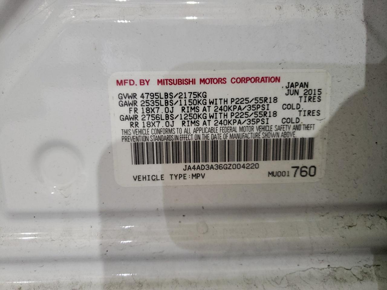 Photo 10 from auction – 2016 MITSUBISHI OUTLANDER with VIN JA4AD3A36GZ004220