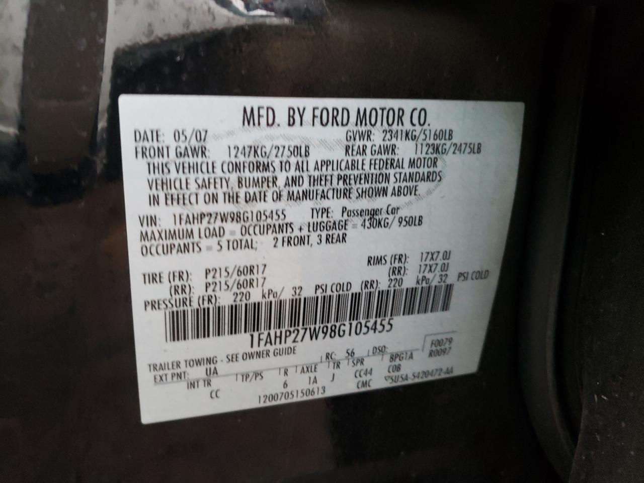 Photo 10 from auction – 2008 FORD TAURUS SEL with VIN 1FAHP27W98G105455
