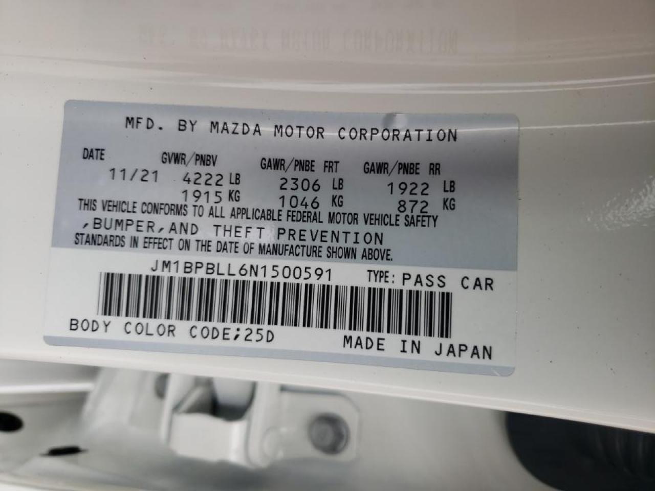 Photo 10 from auction – 2022 MAZDA 3 PREFERRE with VIN JM1BPBLL6N1500591