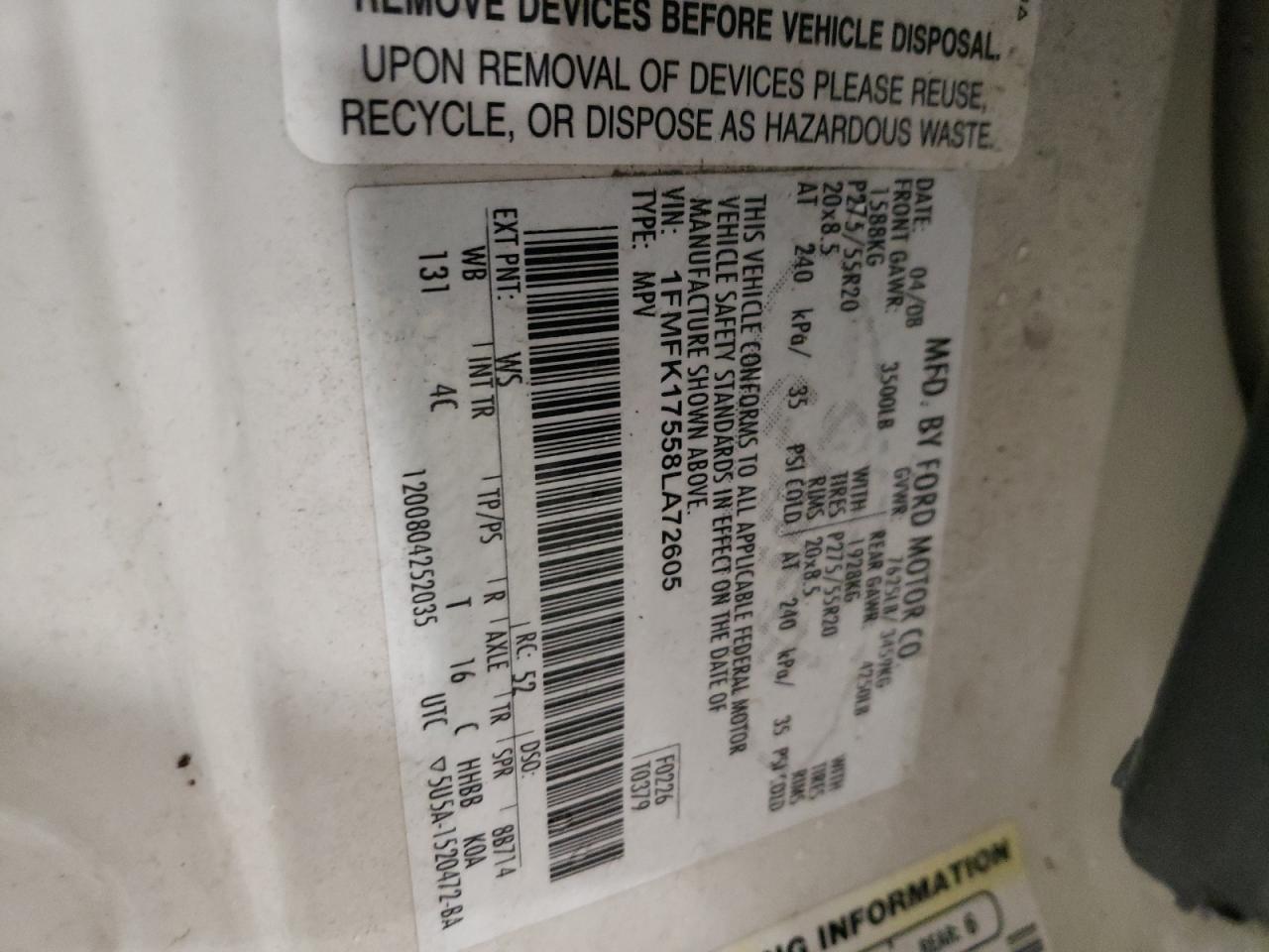 Photo 10 from auction – 2008 FORD EXPEDITION with VIN 1FMFK17558LA72605