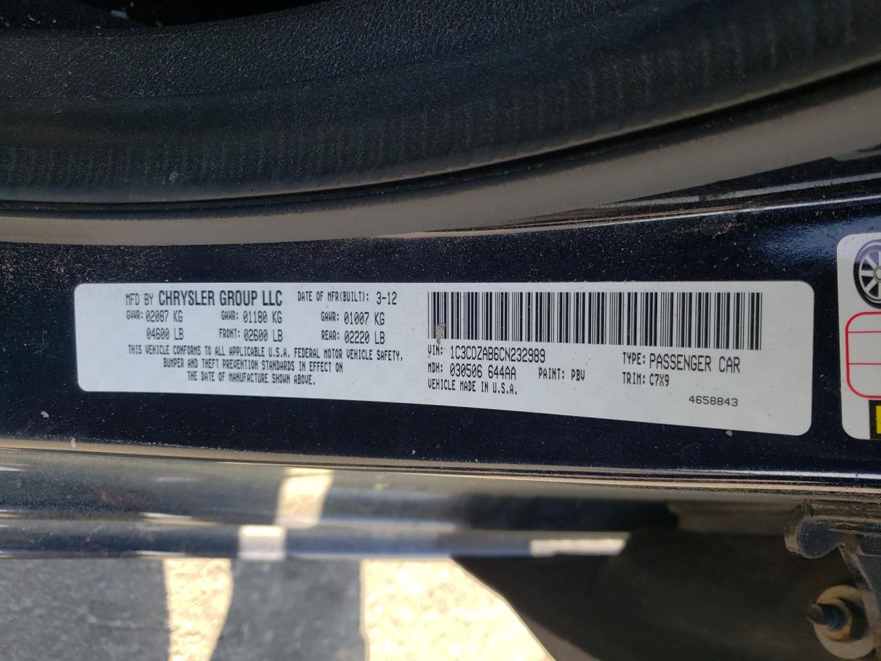Photo 10 from auction – 2012 DODGE AVENGER SE with VIN 1C3CDZAB6CN232989