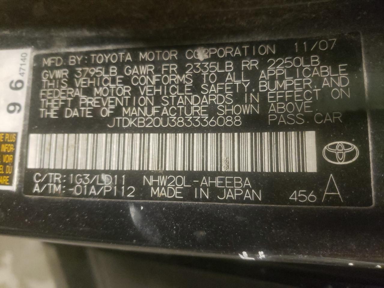 Photo 10 from auction – 2008 TOYOTA PRIUS with VIN JTDKB20U383336088