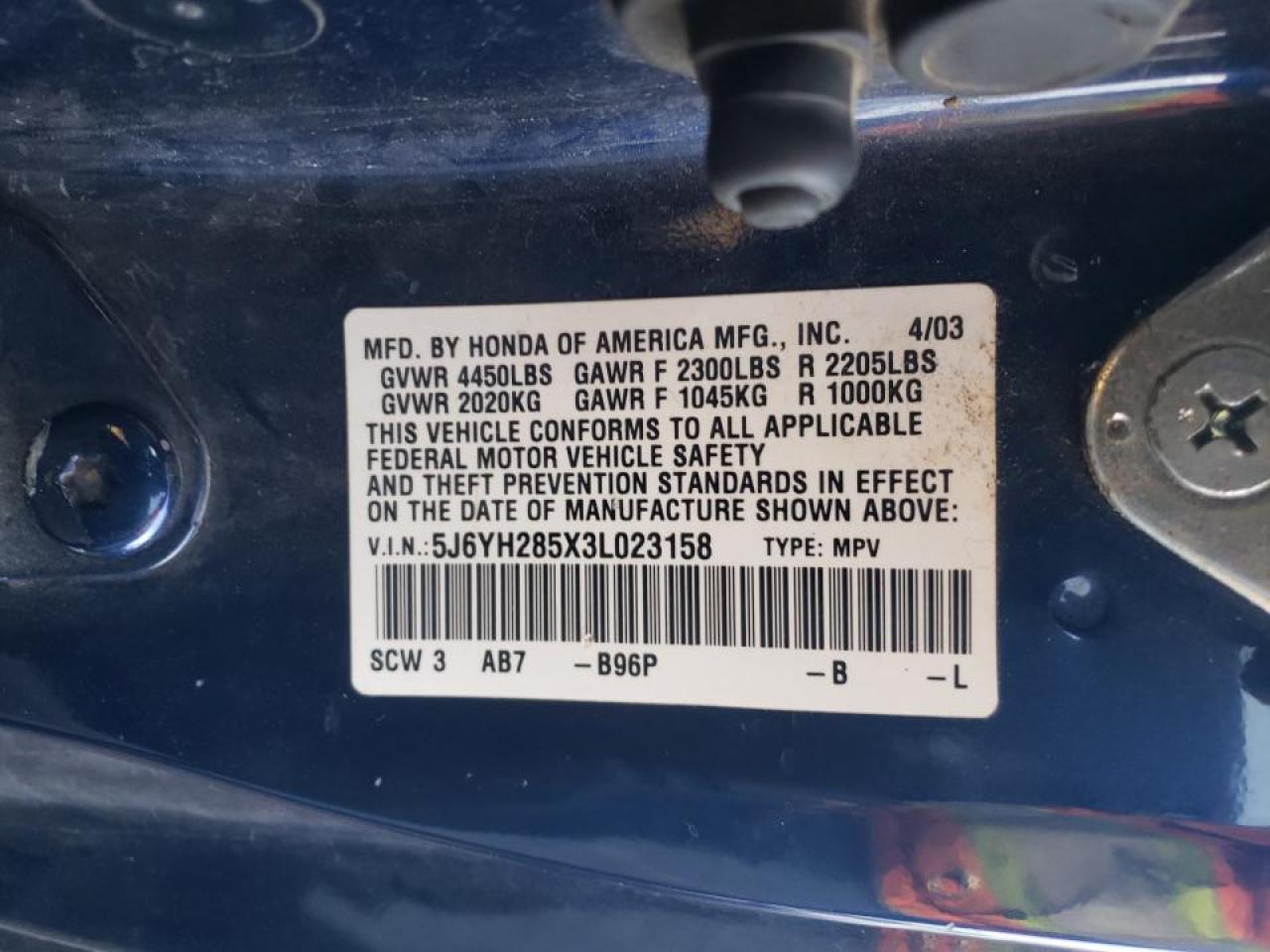 Photo 10 from auction – 2003 HONDA ELEMENT EX with VIN 5J6YH285X3L023158