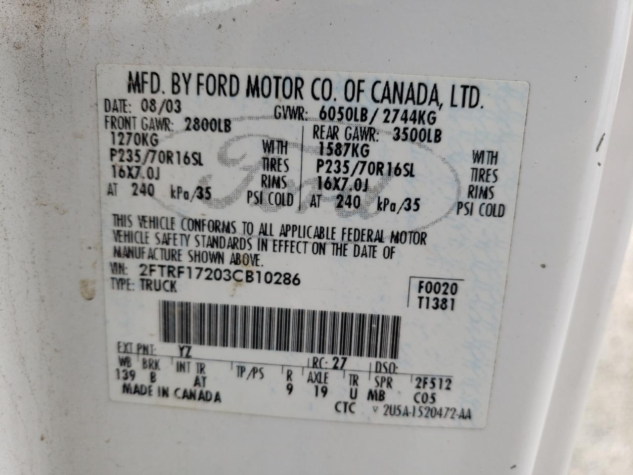Photo 10 from auction – 2003 FORD F150 with VIN 2FTRF17203CB10286