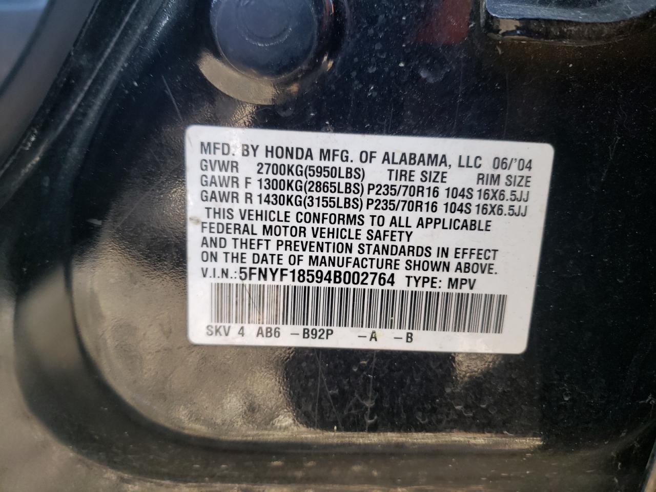 Zdjęcie 10 z aukcji – 2004 HONDA PILOT EXL z VIN 5FNYF18594B002764