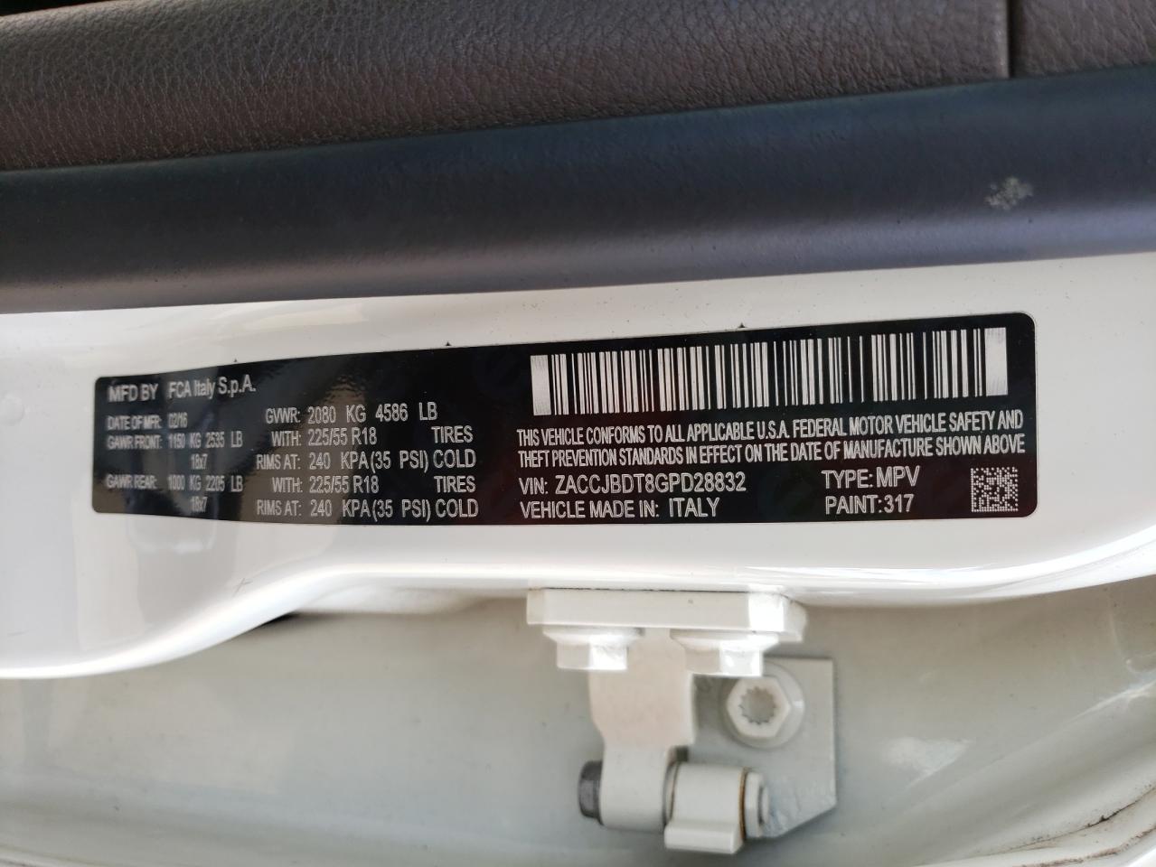 Photo 10 from auction – 2016 JEEP RENEGADE L with VIN ZACCJBDT8GPD28832
